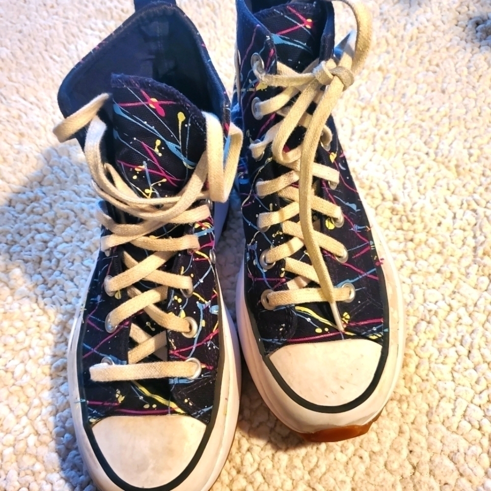 Converse Run Star Hike Kids Paint Splatter Black Multi Platform Shoes 571872C 6Y